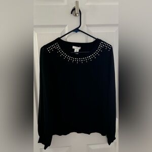 NWT Halston Black Embellished-Collar Sweater w/ Long Sheer Sleeves, Size M